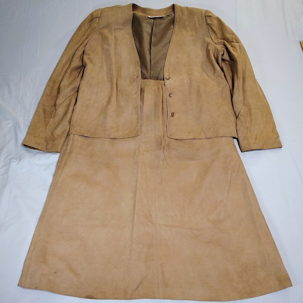 Vintage The Wilroy Traveller 2 Piece Skirt & Blazer Set Brown Suede Size 14